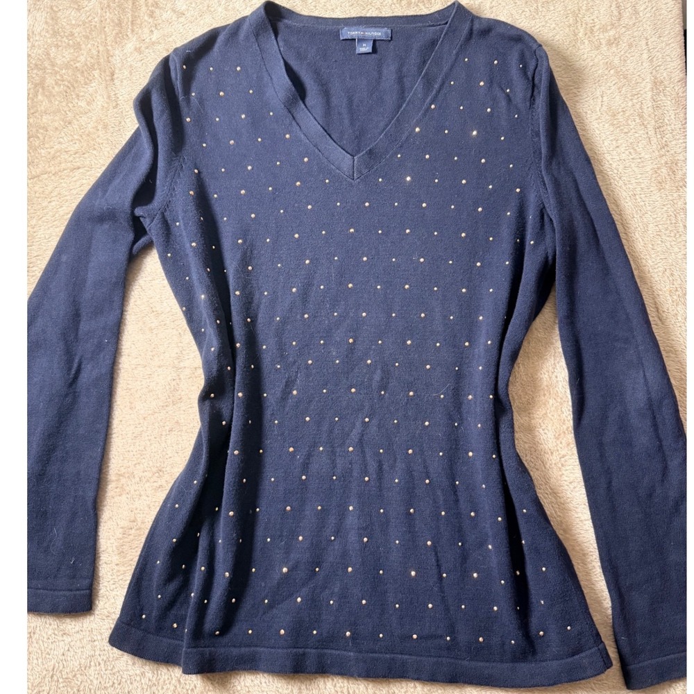 Tommy Hilfiger Womens Navy Blue Studded V-Neck Cotton Sweater Size M Long Sleeve